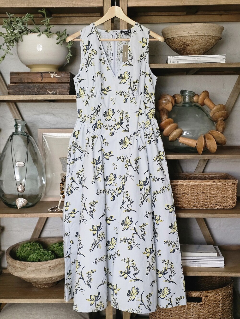 J.Crew V-neck Poplin Dress Lotus Print  Lt. Blue Size 8 NWT